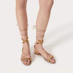 Arden Furtado Roman style Cross-tied Flats Round toe Rivet High help Mixed Colors Open toe sandals Extra large size