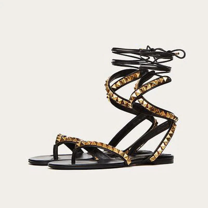 Arden Furtado Roman style Cross-tied Flats Round toe Rivet High help Mixed Colors Open toe sandals Extra large size