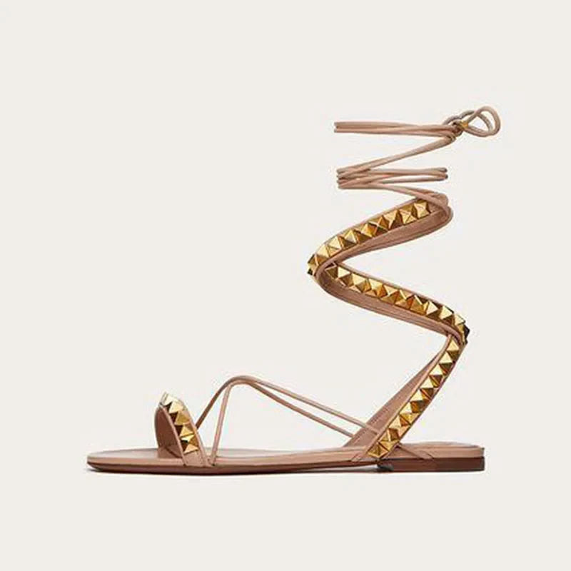 Arden Furtado Roman style Cross-tied Flats Round toe Rivet High help Mixed Colors Open toe sandals Extra large size