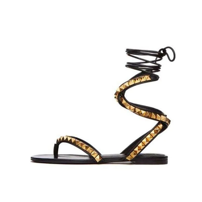 Arden Furtado Roman style Cross-tied Flats Round toe Rivet High help Mixed Colors Open toe sandals Extra large size