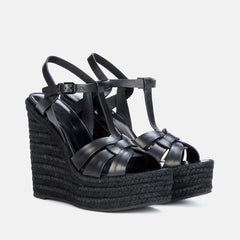 Arden Furtado Belt buckle cowhide straw weaving Wedges Sandals Round toe Open toe Super high heel T-Strap Sandals