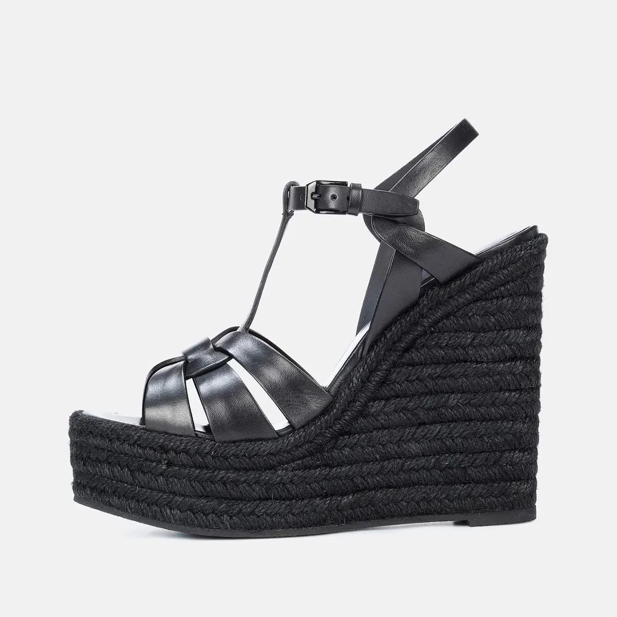 Arden Furtado Belt buckle cowhide straw weaving Wedges Sandals Round toe Open toe Super high heel T-Strap Sandals
