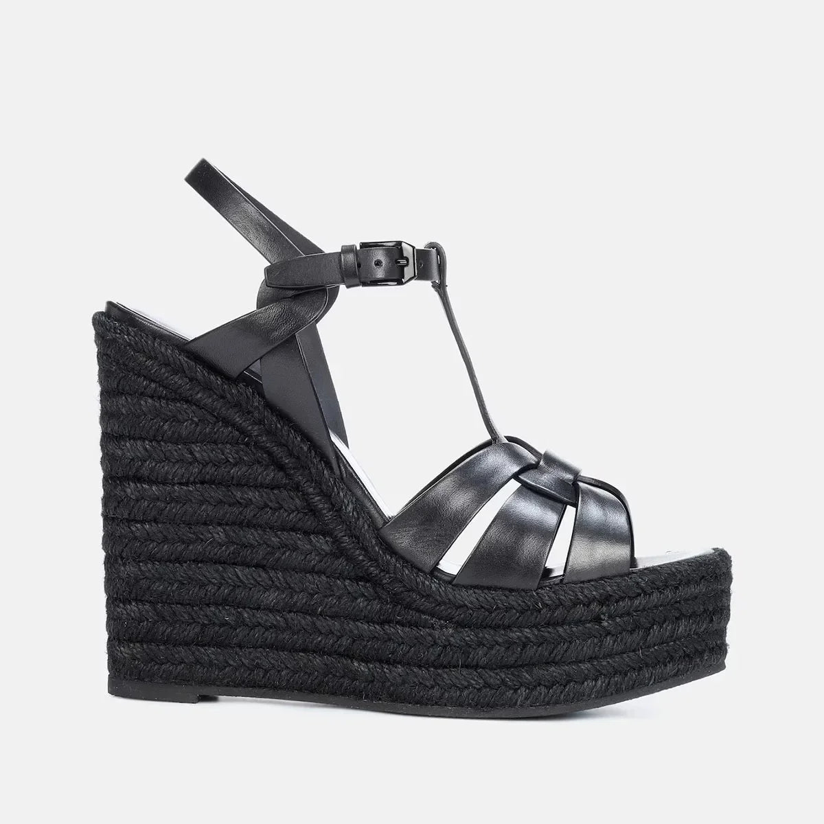 Arden Furtado Belt buckle cowhide straw weaving Wedges Sandals Round toe Open toe Super high heel T-Strap Sandals