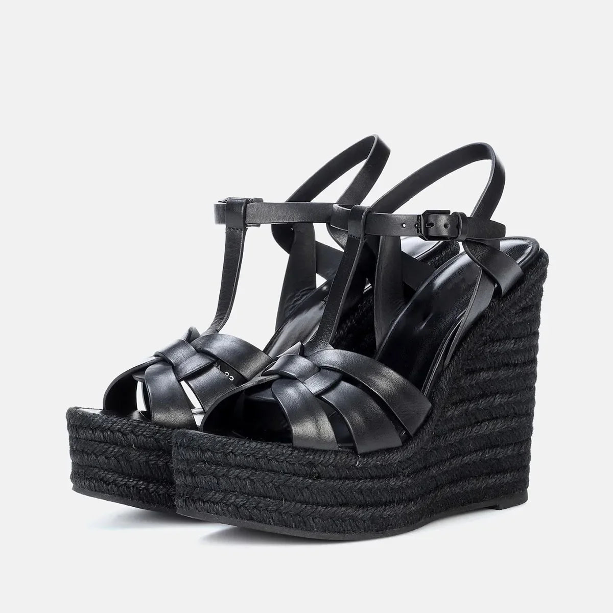 Arden Furtado Belt buckle cowhide straw weaving Wedges Sandals Round toe Open toe Super high heel T-Strap Sandals