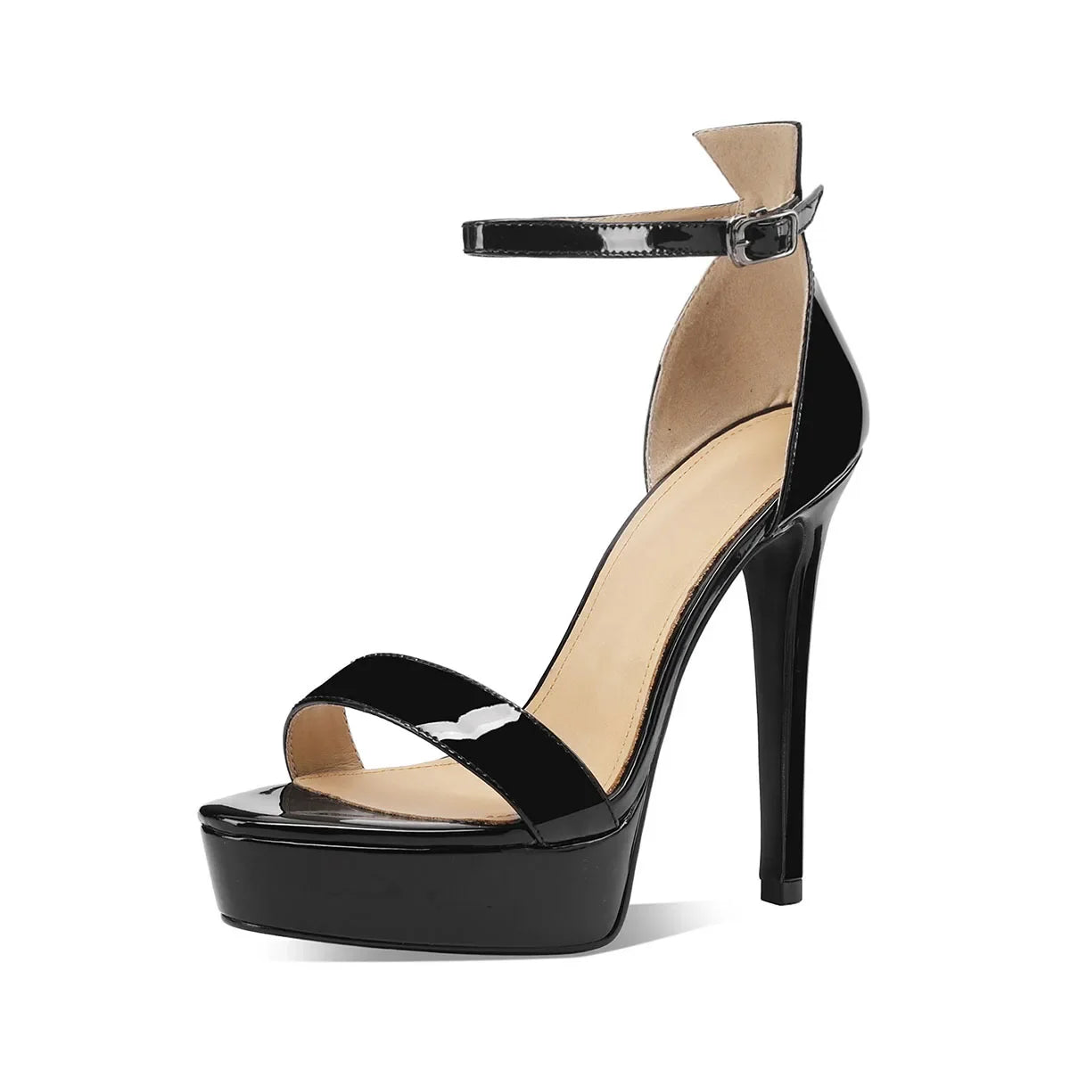 Arden Furtado Black Cow patent leather Platform Sandals Round toe Super high heel One word buckle Sandals large size