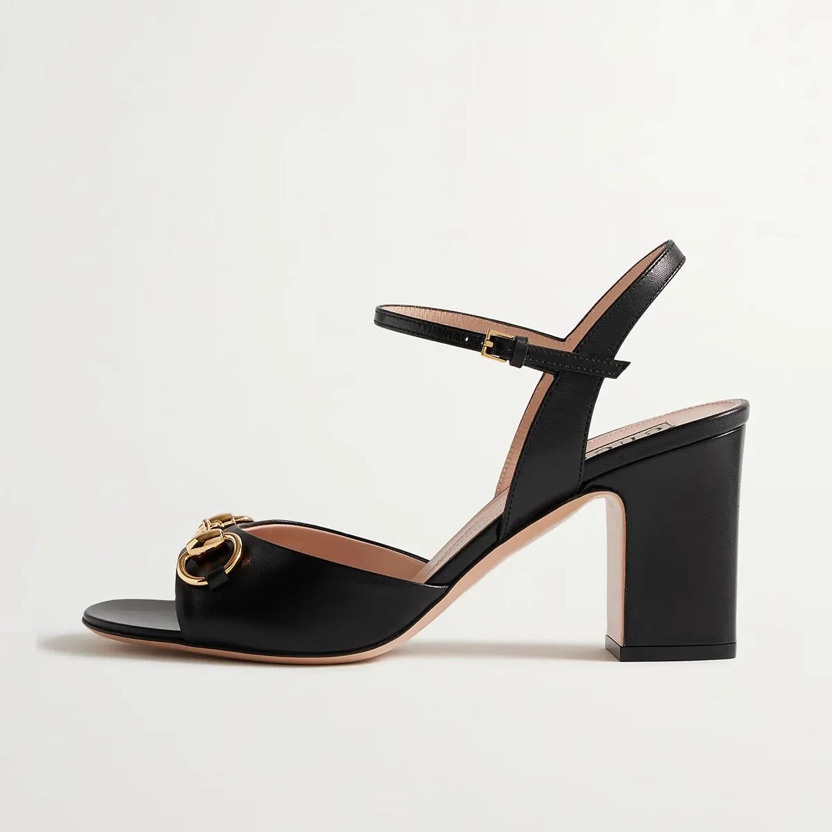 Arden Furtado Black Cowhide Square Toe Chunky Heel One Word Buckle Sandals Metal Buckle Open Toe Modern Sandals