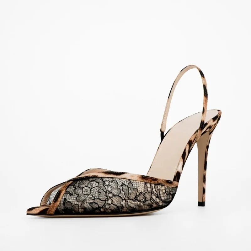 Arden Furtado Black Lace Banquet Shoes Pointed-toe Stilettos heels Back Strap leopard print Peep toe Sandals