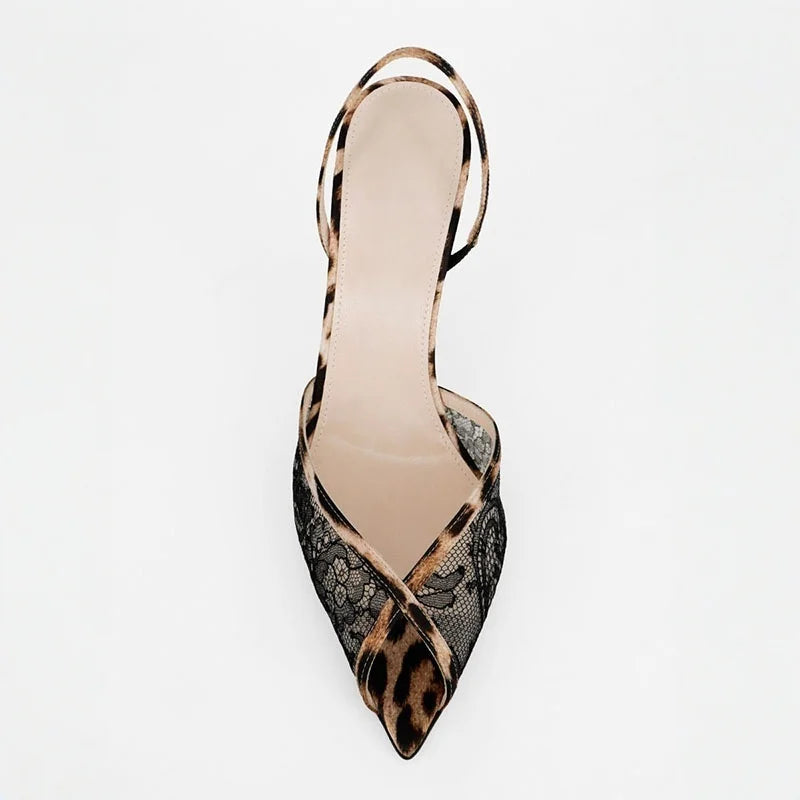 Arden Furtado Black Lace Banquet Shoes Pointed-toe Stilettos heels Back Strap leopard print Peep toe Sandals