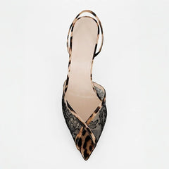 Arden Furtado Black Lace Banquet Shoes Pointed-toe Stilettos heels Back Strap leopard print Peep toe Sandals