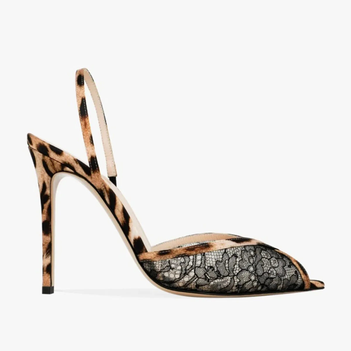 Arden Furtado Black Lace Banquet Shoes Pointed-toe Stilettos heels Back Strap leopard print Peep toe Sandals