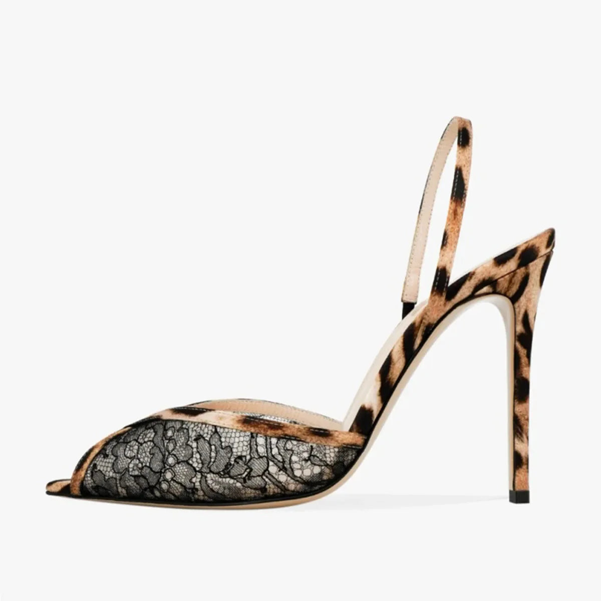 Arden Furtado Black Lace Banquet Shoes Pointed-toe Stilettos heels Back Strap leopard print Peep toe Sandals