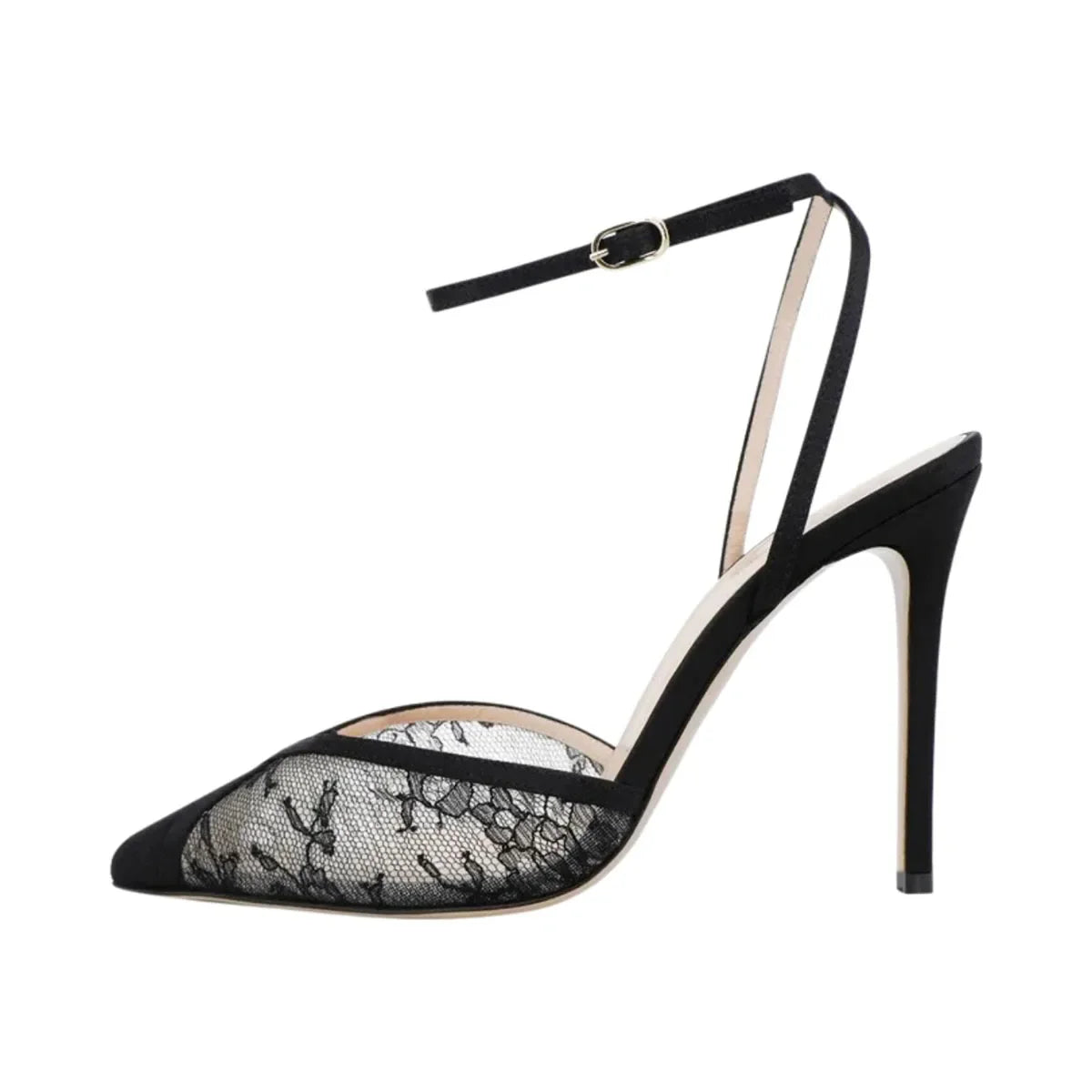 Arden Furtado Black Lace Banquet Shoes Pointed-toe Stilettos heels One word buckle Sandals large size Modern Sandals