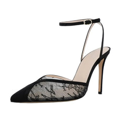 Arden Furtado Black Lace Banquet Shoes Pointed-toe Stilettos heels One word buckle Sandals large size Modern Sandals