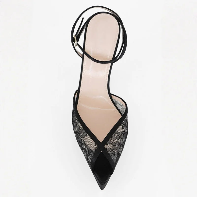 Arden Furtado Black Lace Peep toe Banquet Shoes Pointed-toe platform Stilettos heels One word buckle Sandals