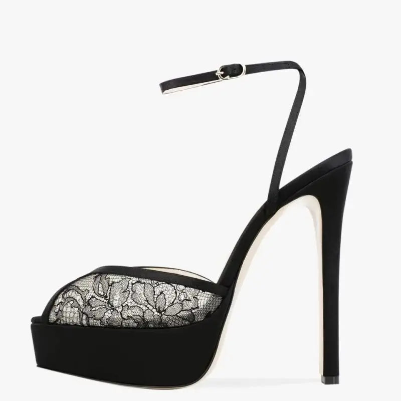 Arden Furtado Black Lace Peep toe Banquet Shoes Pointed-toe platform Stilettos heels One word buckle Sandals