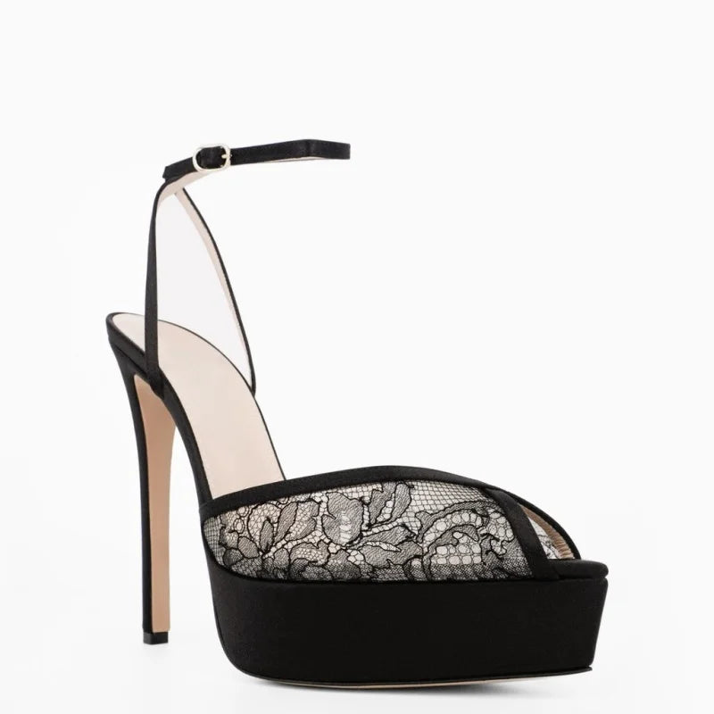 Arden Furtado Black Lace Peep toe Banquet Shoes Pointed-toe platform Stilettos heels One word buckle Sandals
