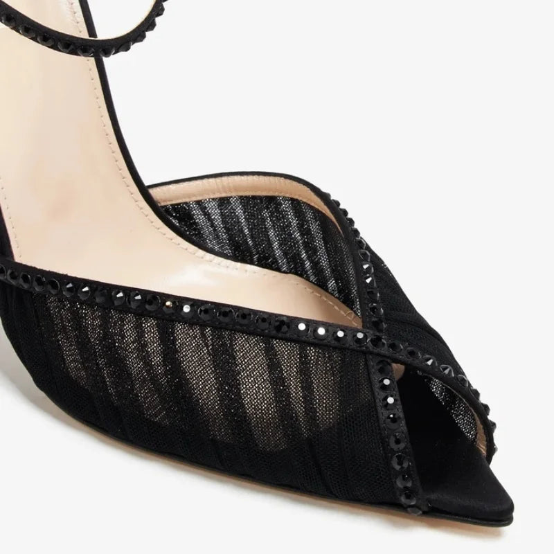 Arden Furtado Black Mesh Pleated Crystal Peep toe Wedding shoes Pointed toe Super high heel One word buckle Sandals