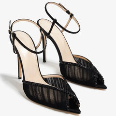 Arden Furtado Black Mesh Pleated Crystal Peep toe Wedding shoes Pointed toe Super high heel One word buckle Sandals