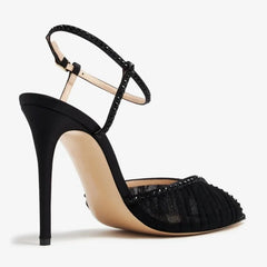 Arden Furtado Black Mesh Pleated Crystal Peep toe Wedding shoes Pointed toe Super high heel One word buckle Sandals