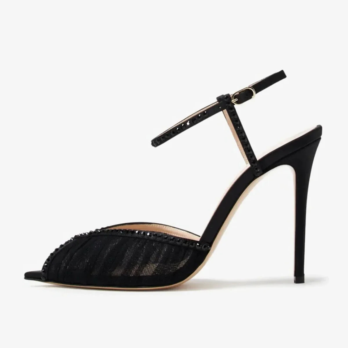 Arden Furtado Black Mesh Pleated Crystal Peep toe Wedding shoes Pointed toe Super high heel One word buckle Sandals