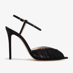 Arden Furtado Black Mesh Pleated Crystal Peep toe Wedding shoes Pointed toe Super high heel One word buckle Sandals