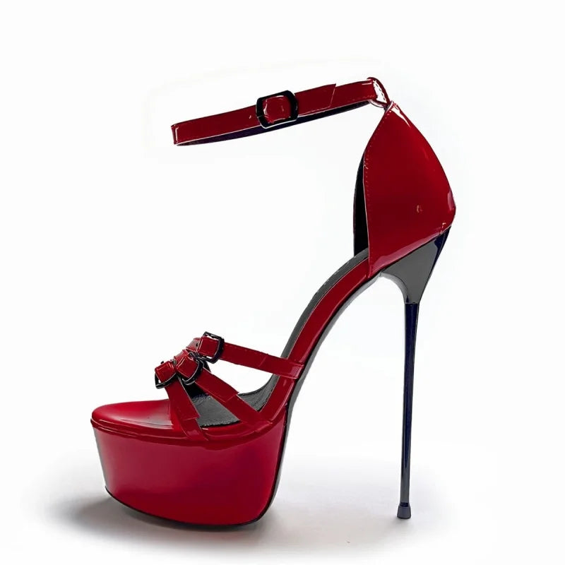 Arden Furtado Black Patent Leather Platform Belt buckle Banquet shoes round toe Super high heel One word buckle sandals