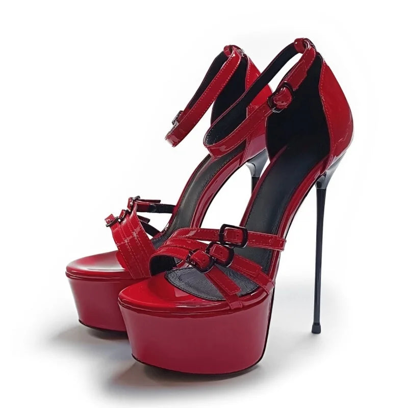Arden Furtado Black Patent Leather Platform Belt buckle Banquet shoes round toe Super high heel One word buckle sandals