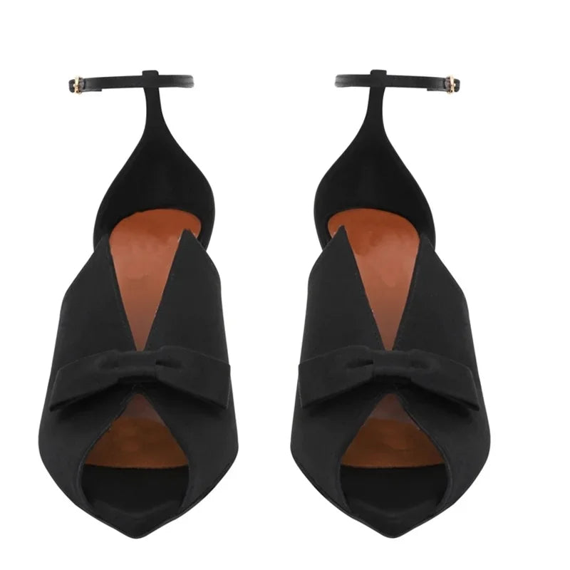 Arden Furtado Black Satin bowknot Peep toe Wedding shoes Pointed toe Super high heel One word buckle Sandals