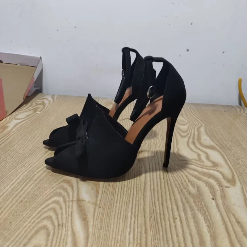 Arden Furtado Black Satin bowknot Peep toe Wedding shoes Pointed toe Super high heel One word buckle Sandals