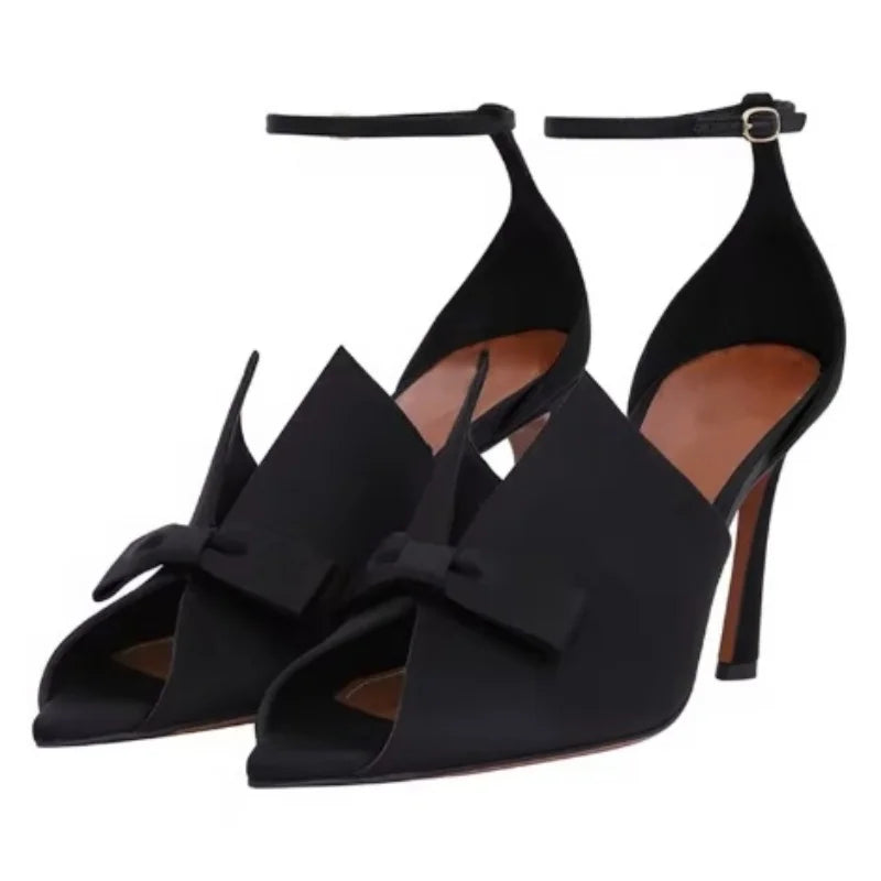 Arden Furtado Black Satin bowknot Peep toe Wedding shoes Pointed toe Super high heel One word buckle Sandals