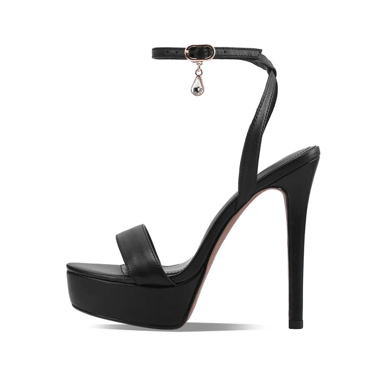 Arden Furtado Black cowhide Crystal Platform Sandals Round toe Super high heel One word buckle Sandals large size