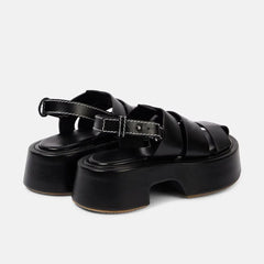Arden Furtado Black cowhide Wedges Sandals Rome shoes Round toe platform High-heeled One-word bClosed toe Sandals