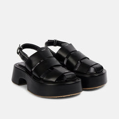 Arden Furtado Black cowhide Wedges Sandals Rome shoes Round toe platform High-heeled One-word bClosed toe Sandals