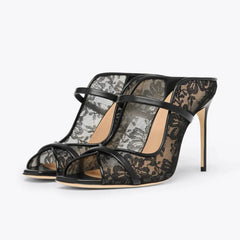 Arden Furtado Black lace Peep toe Slippers Square toe pull-on Super high heel Sexy Word slippers wear Mules
