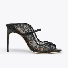 Arden Furtado Black lace Peep toe Slippers Square toe pull-on Super high heel Sexy Word slippers wear Mules
