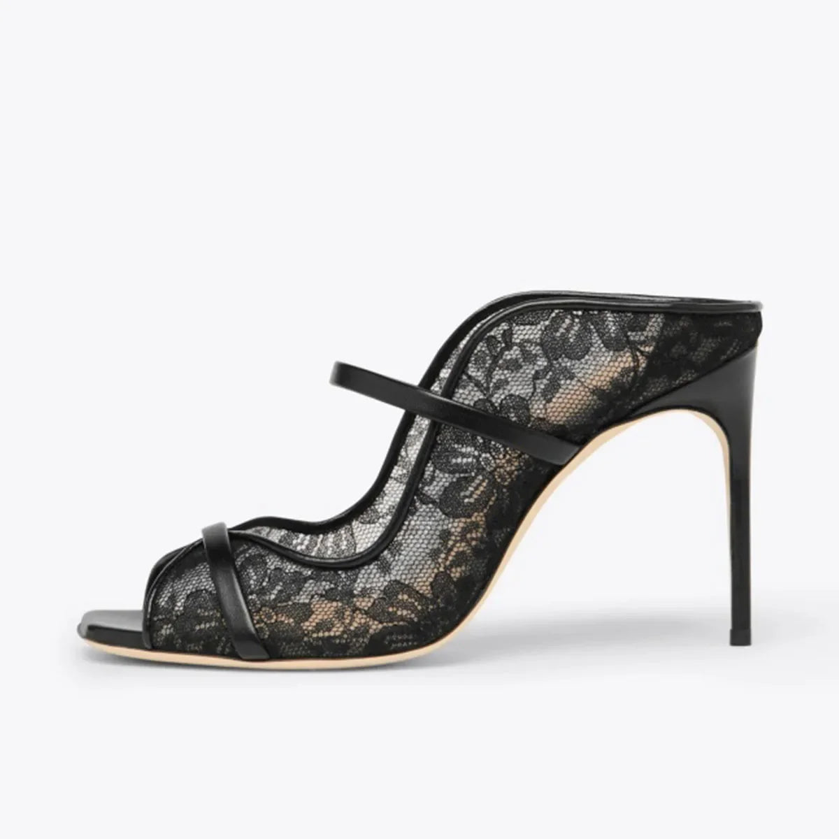 Arden Furtado Black lace Peep toe Slippers Square toe pull-on Super high heel Sexy Word slippers wear Mules