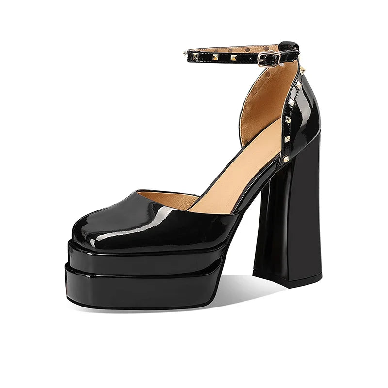 Arden Furtado Black patent leather hollow Platform Sandals Square toe Super high heel Rivet One word buckle Sandals