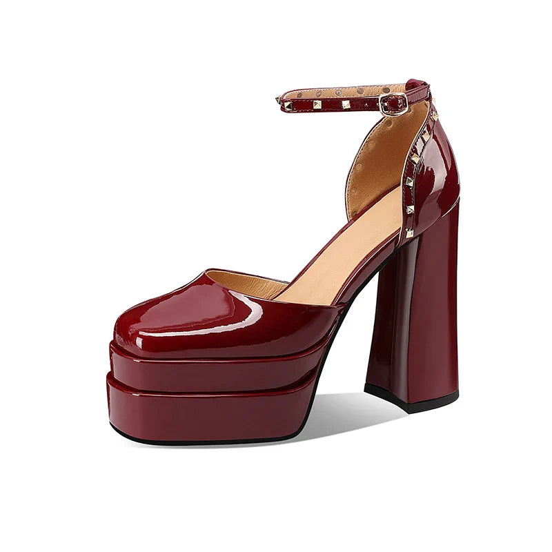 Arden Furtado Black patent leather hollow Platform Sandals Square toe Super high heel Rivet One word buckle Sandals