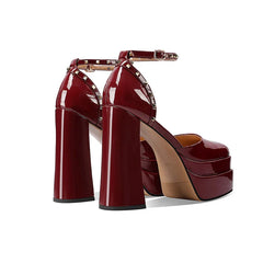 Arden Furtado Black patent leather hollow Platform Sandals Square toe Super high heel Rivet One word buckle Sandals