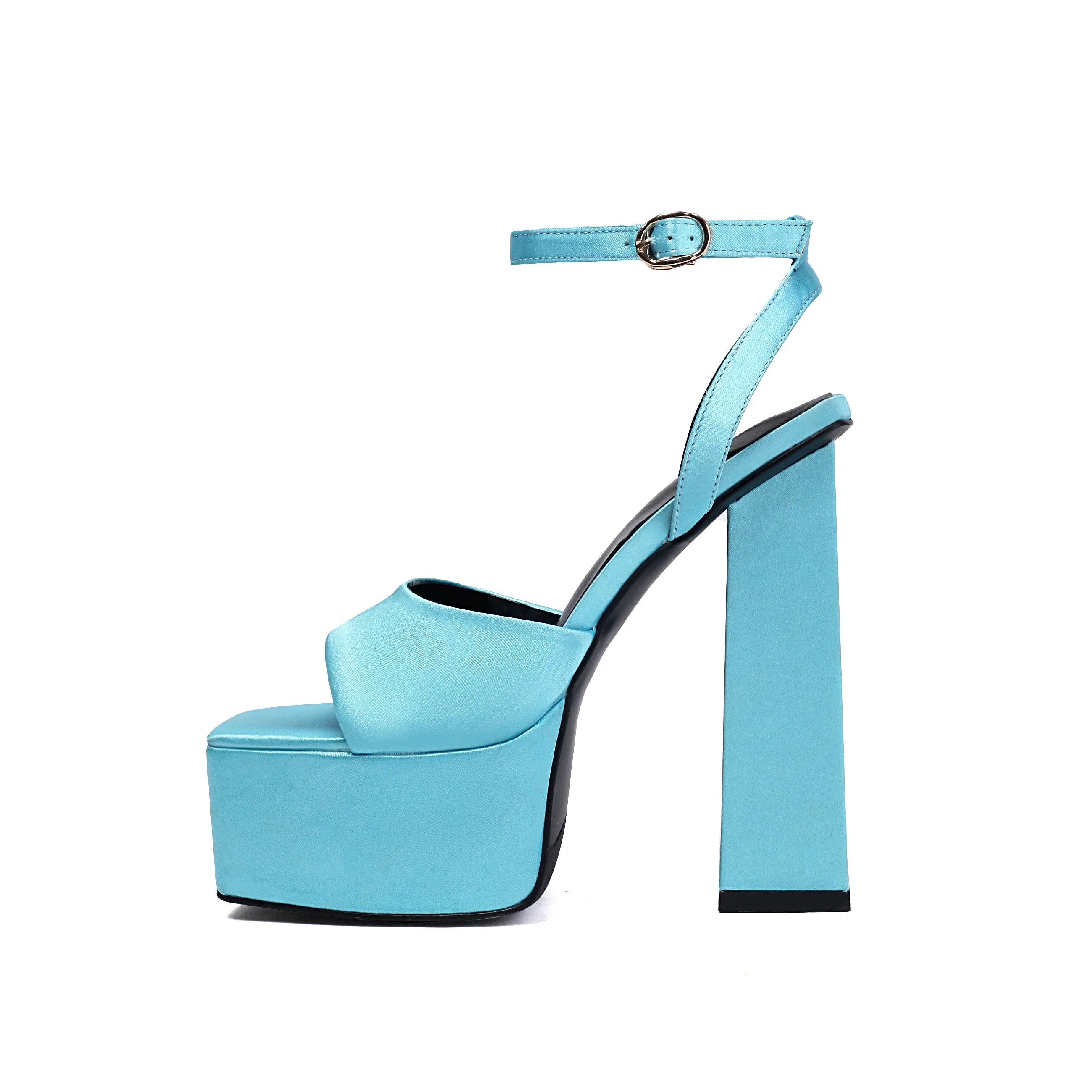 Arden Furtado Blue Satin Peep Toe Shoes Platform Super High Heel Word-Cingulate Sandals Large Size Banquet Shoes