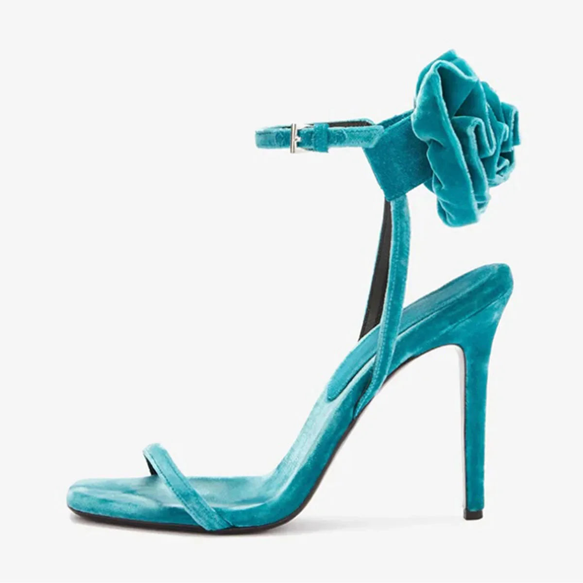 Arden Furtado Blue velvet flower Banquet shoes Round toe Super high heel One word buckle Sandals Extra large size