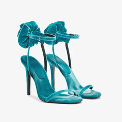 Arden Furtado Blue velvet flower Banquet shoes Round toe Super high heel One word buckle Sandals Extra large size
