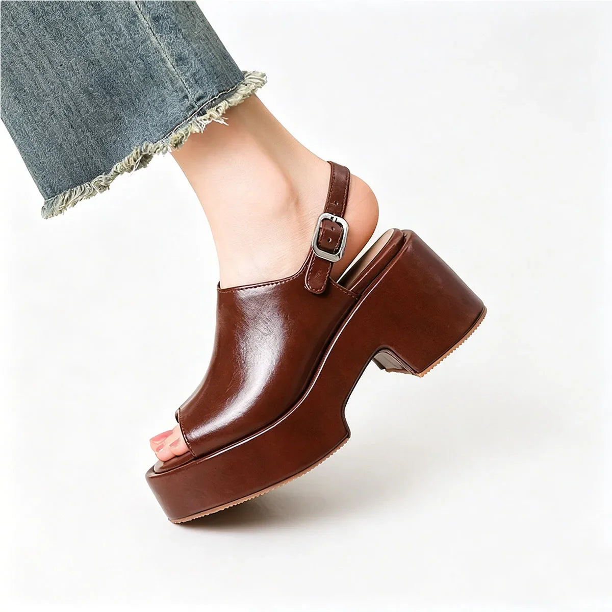 Arden Furtado Brown cowhide Wedges Sandals Peep toe shoes Round toe Open toe High-heeled One word buckle Sandals