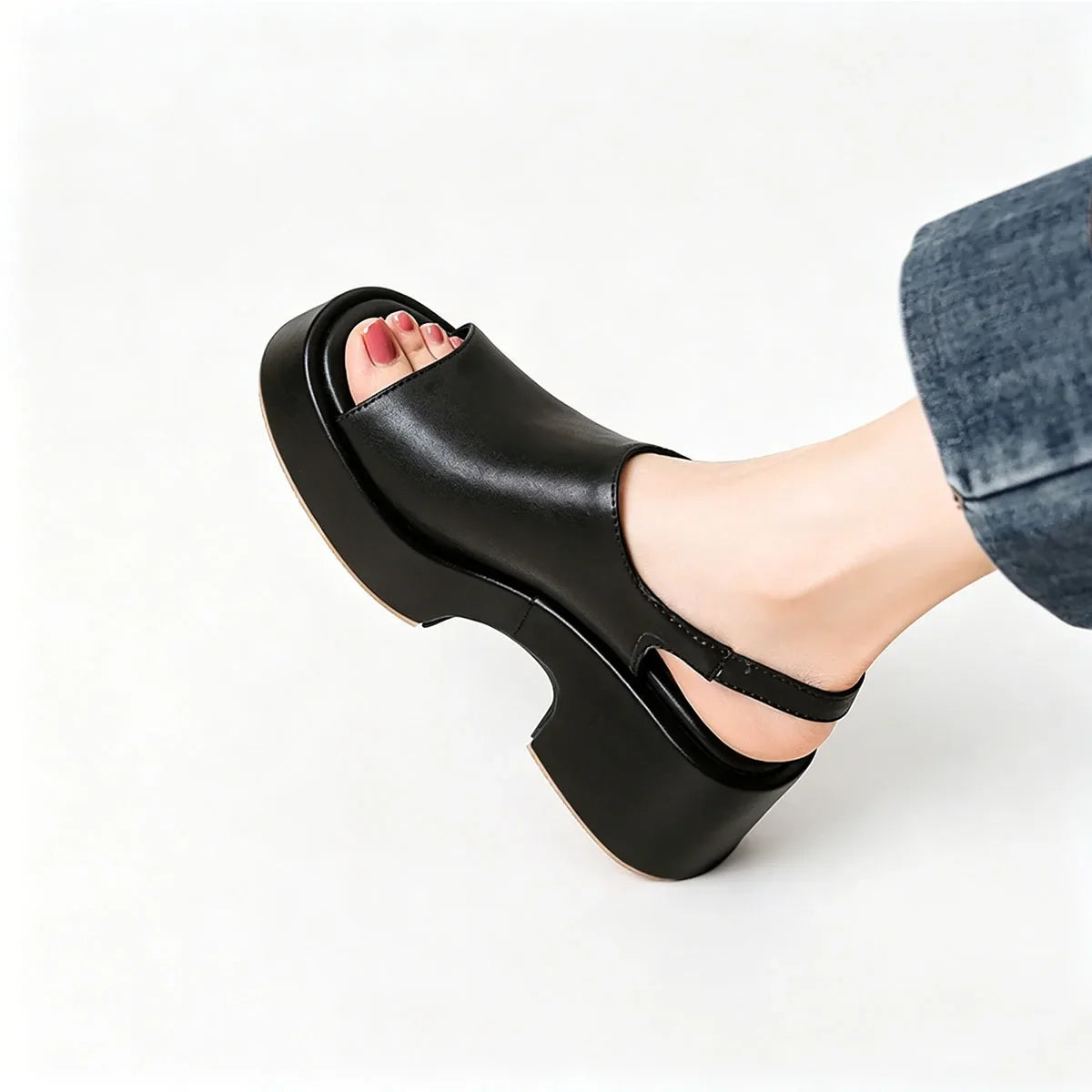 Arden Furtado Brown cowhide Wedges Sandals Peep toe shoes Round toe Open toe High-heeled One word buckle Sandals