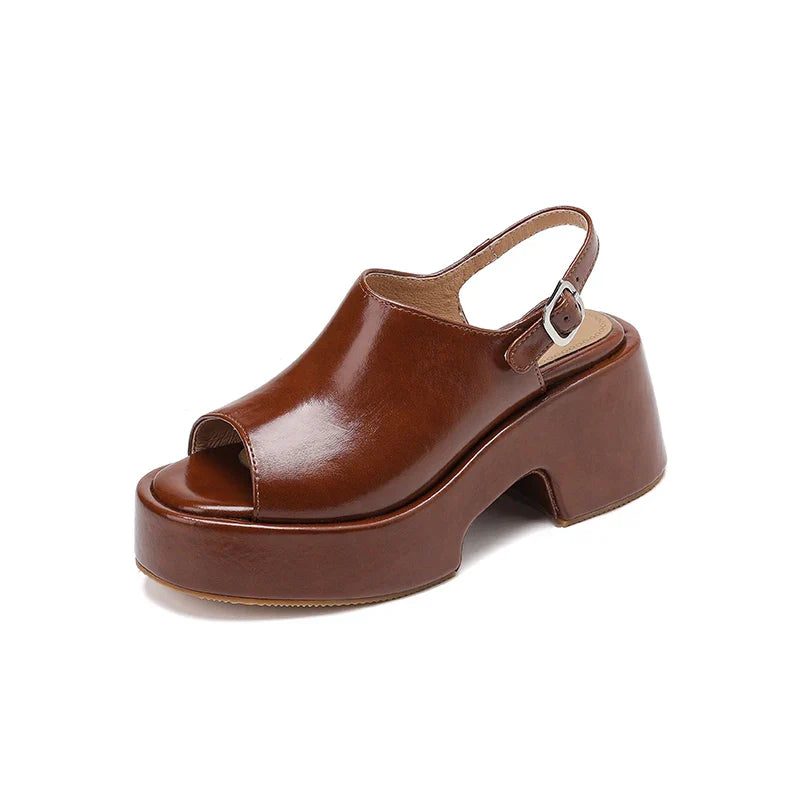 Arden Furtado Brown cowhide Wedges Sandals Peep toe shoes Round toe Open toe High-heeled One word buckle Sandals