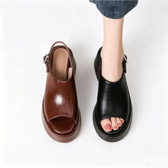 Arden Furtado Brown cowhide Wedges Sandals Peep toe shoes Round toe Open toe High-heeled One word buckle Sandals