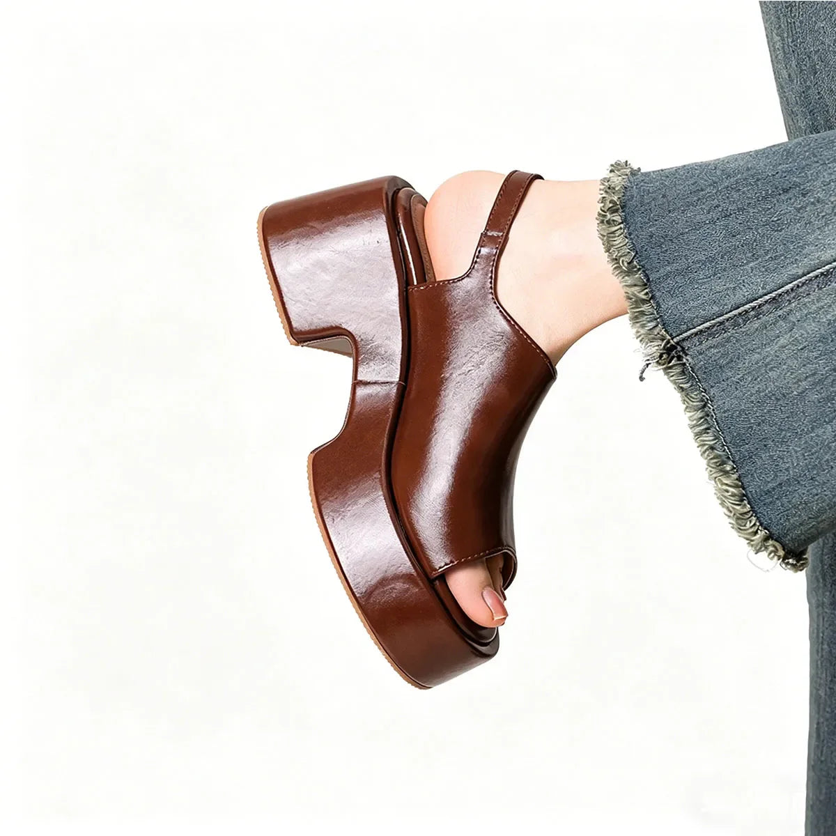 Arden Furtado Brown cowhide Wedges Sandals Peep toe shoes Round toe Open toe High-heeled One word buckle Sandals
