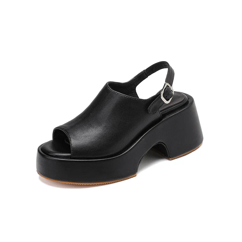Arden Furtado Brown cowhide Wedges Sandals Peep toe shoes Round toe Open toe High-heeled One word buckle Sandals