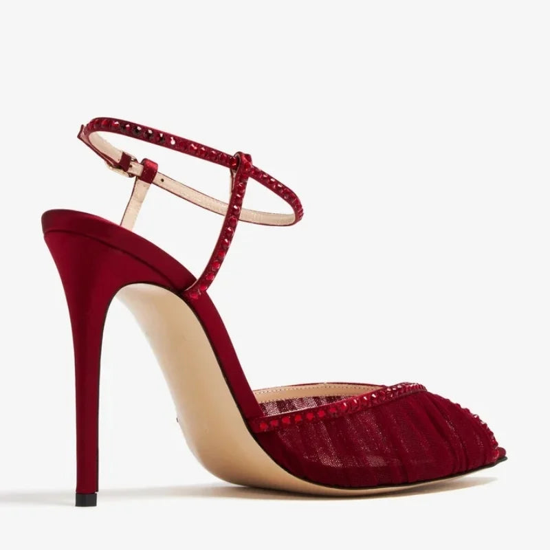 Arden Furtado Burgundy Mesh Pleated Crystal Peep toe Banquet shoes Pointed toe Super high heel One word buckle Sandals