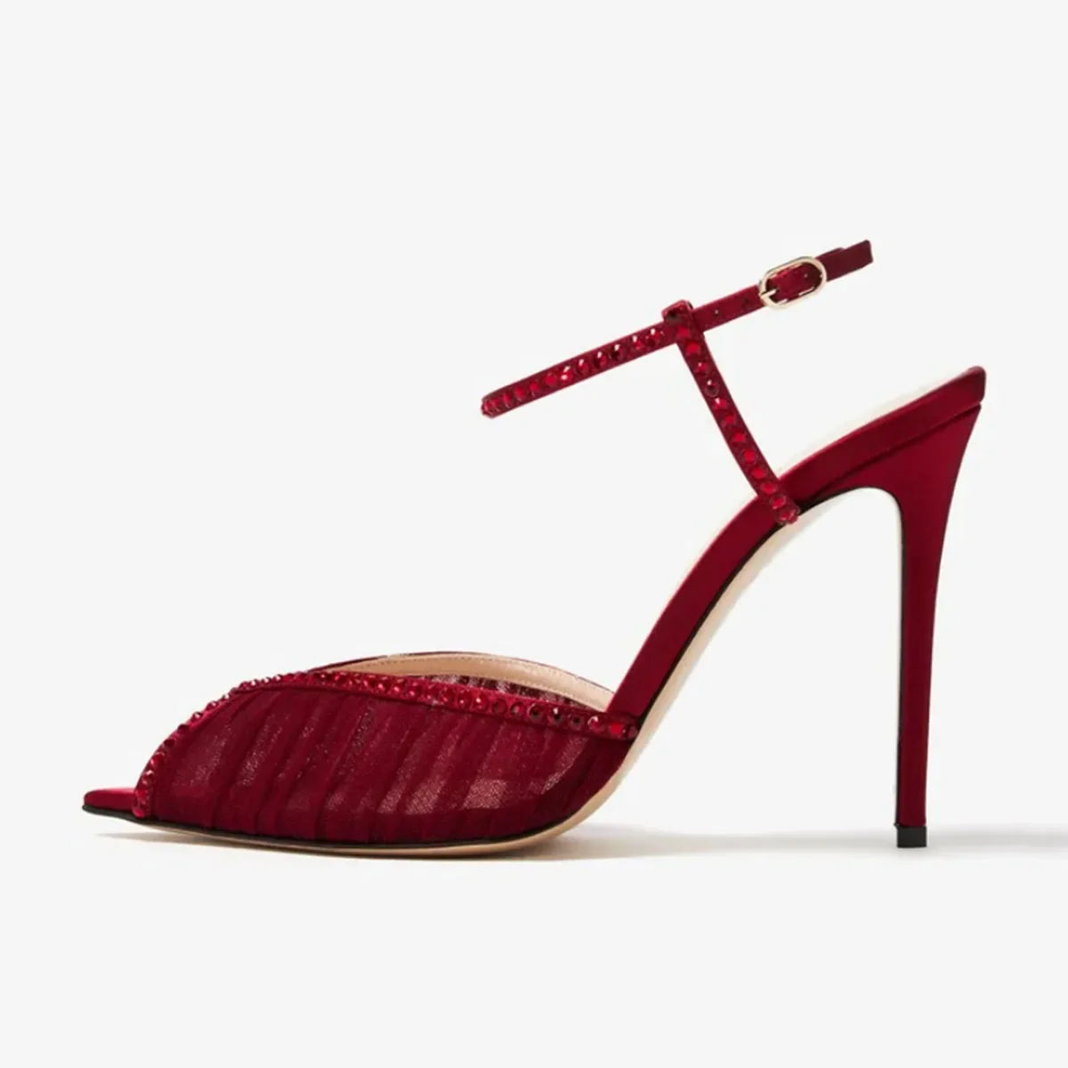 Arden Furtado Burgundy Mesh Pleated Crystal Peep toe Banquet shoes Pointed toe Super high heel One word buckle Sandals